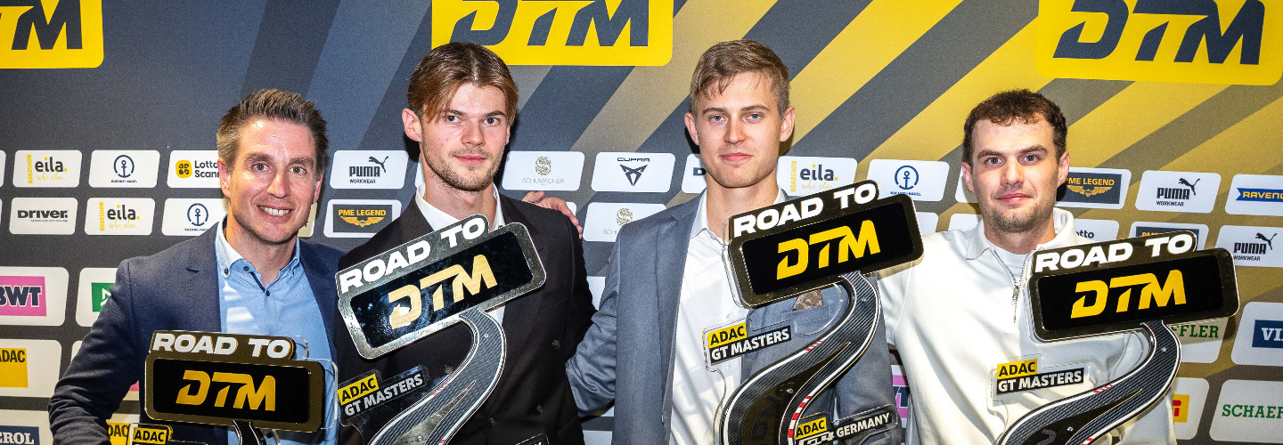 Die „Road to DTM“-Sieger 2026 Michael Schrey, Finn Zulauf, Denny Berndt und Lachlan Robinson (l-r)
