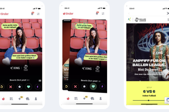 Screenshots der Tinder-Kampagne von XING zu Baller League mit XING-Gesicht Jeannie.