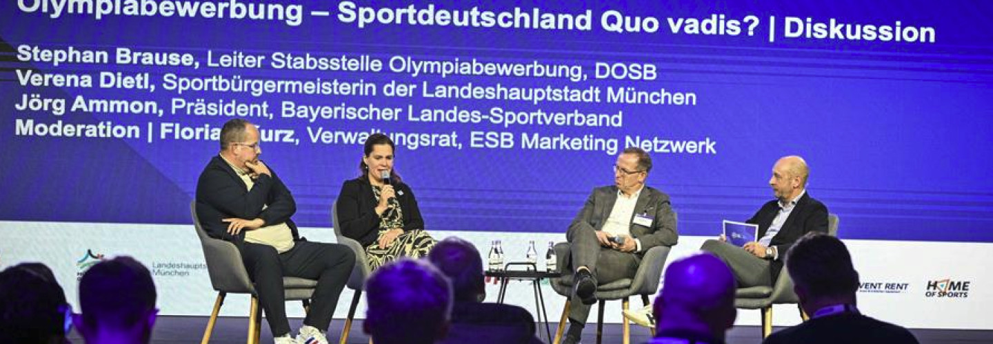 v.l: Stephan Brause, Leiter Stabsstelle Olympiabewerbung, DOSB, Verena Dietl, Sportbürgermeisterin der Landeshauptstadt München, Jörg Ammon, Präsident, Bayerischer Landes-Sportverband, Florian Kurz, Verwaltungsrat, ESB Marketing Netzwerk